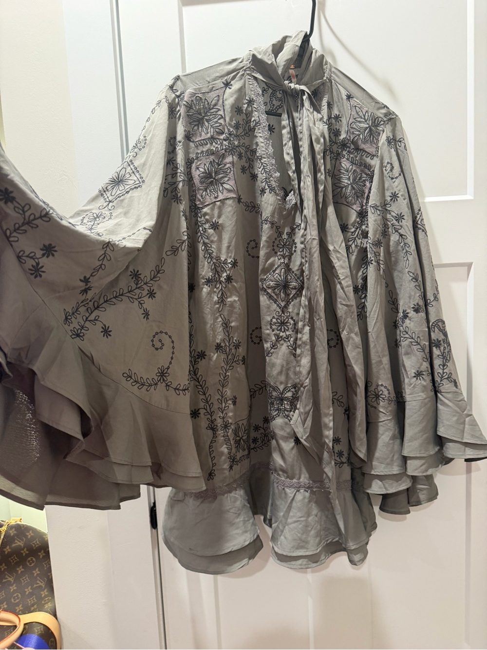 Free People Taupe Floral-Embroidered trumpet sleeve ruffle Dress - Picture 4 of 11